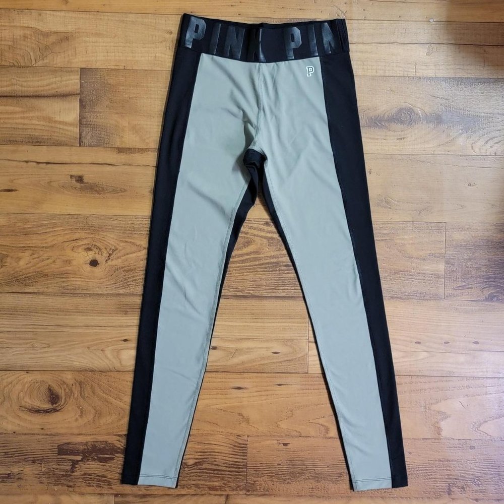 PINK Ultimate Green and Black Leggings with Brand Name around the Waist - Size S